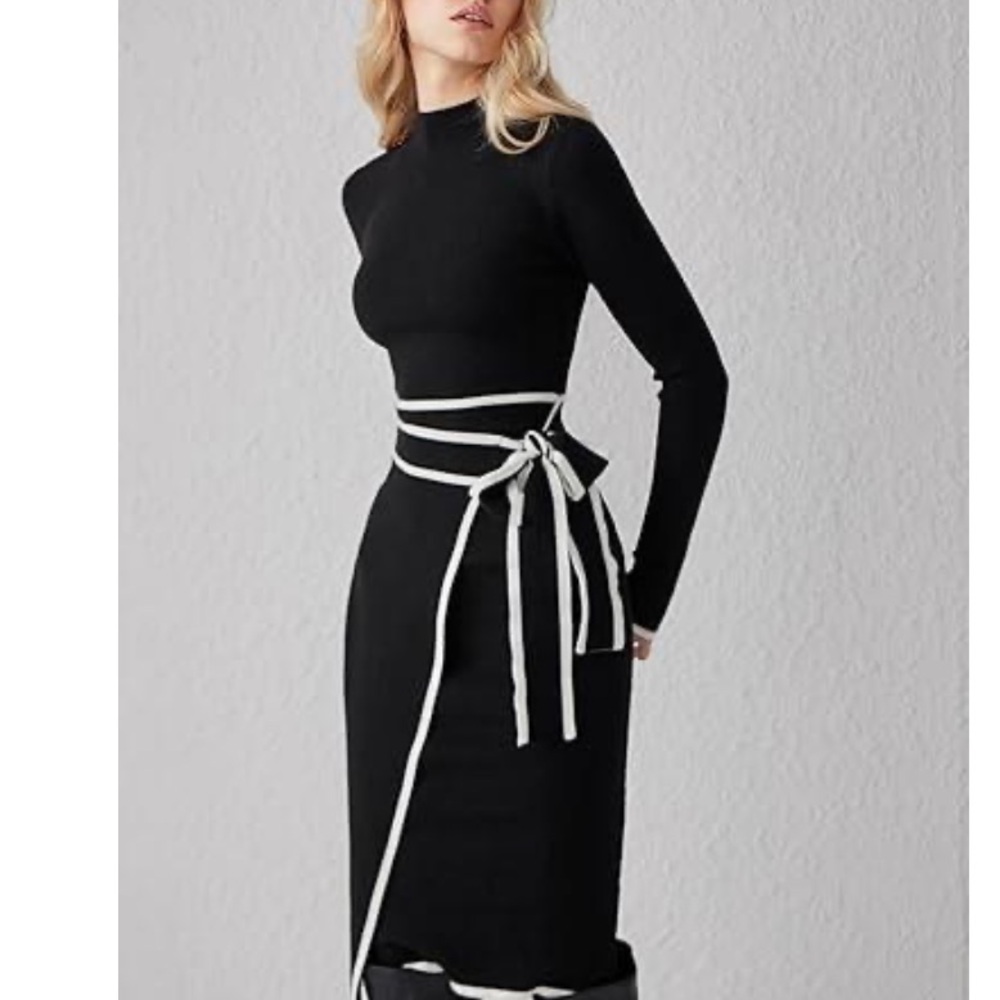 🆕Cider Knit Dress Long Sleeve Mock Turtleneck Bow Tie Wrap Dress - Picture 6 of 11